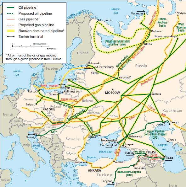 Map of oil and gas pipelines from Russia credit US Energy Information Administration